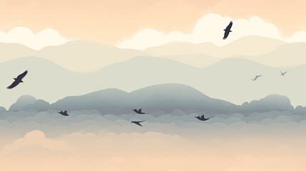 Sticker -  a flock of birds flying in the sky above a mountain range with a few clouds in the foreground and a few birds in the foreground.  generative ai