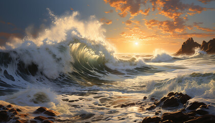 Poster - Sunset over the coastline, waves crashing, nature beauty in motion generated by AI