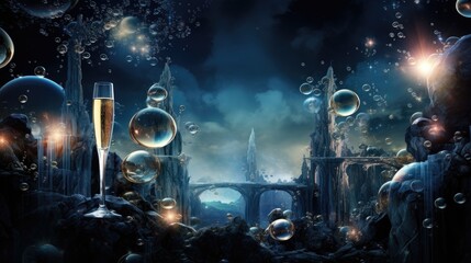 Poster -  a fantasy scene with bubbles and bubbles in the air and a city with a bridge on the other side of it.  generative ai