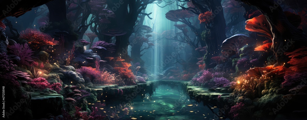Mystical forest with glowing mushrooms, moonlit night, and ethereal ...