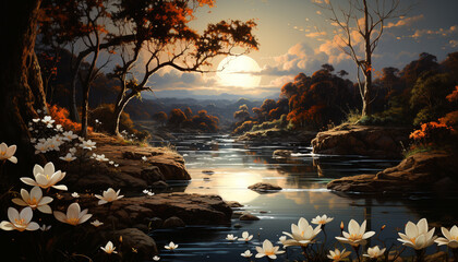 Sticker - Tranquil scene  sunset over a green meadow, reflecting in pond generated by AI