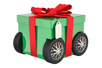 Poster - gift box on wheels, gift delivery concept. 3d rendering isolated on transparent background