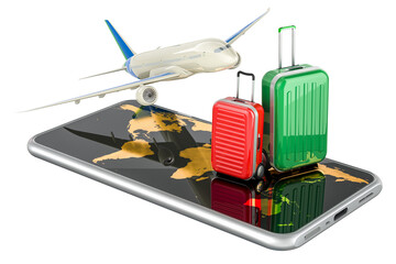 Poster - airplane with suitcases on the mobile phone with earth map on the phone screen, 3d rendering isolate