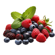A Mound Of Strawberries, Raspberries, Blueberries And Mint, Isolated