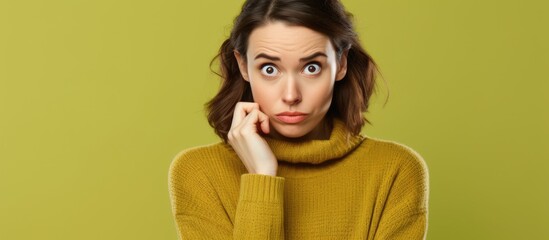 A Caucasian woman in her 30s wearing a green knitted sweater appears perplexed saddened and uncertain She scratches her head and gazes directly at the camera This isolated studio portrait ag