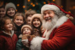 A cheerful Santa Claus surrounded by eager children, listening to their Christmas wishes and spreading joy during the holiday season. Generative Ai.