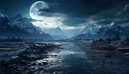 Majestic mountain range reflects moonlight on tranquil frozen landscape generated by AI