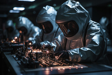 Poster - Scientists in protective gear working in a highly controlled environment with radioactive materials. Concept of nuclear research and safety protocols. Generative Ai.
