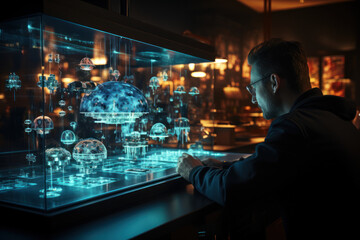 Poster - A nuclear physicist analyzing data on a computer screen, emphasizing the role of technology in atomic energy research. Concept of data analysis in nuclear physics. Generative Ai.