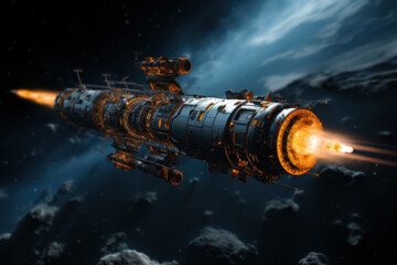 Poster - a futuristic concept art of a space probe powered by a nuclear propulsion system, symbolizing the po