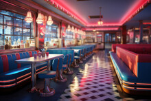 A Retro Diner With Neon Signs And Checkerboard Floors, Capturing The Spirit Of The 1950s. Generative Ai.
