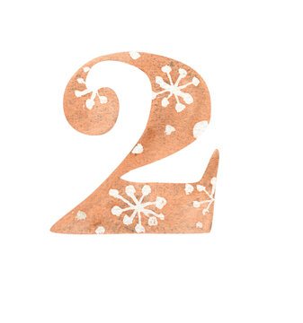 Drawing of a number with watercolor fill and patterns in a Christmas style.