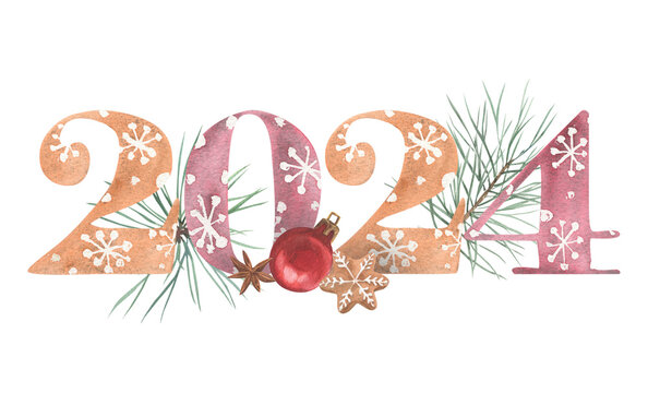 New Year's composition 2024 with watercolor numbers and festive decor