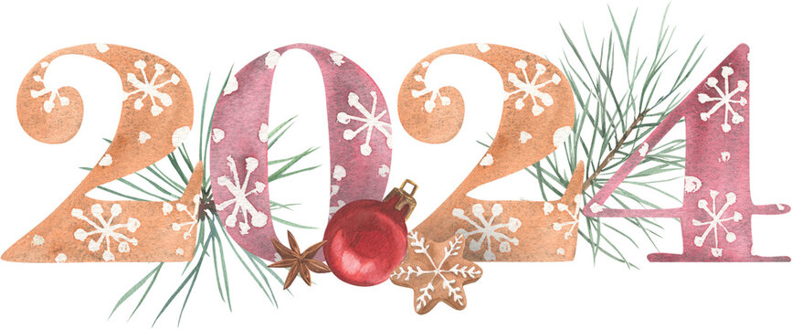 New Year's composition 2024 with watercolor numbers and festive decor
