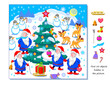 Can you find 10 objects hidden in the picture? Logic puzzle game for children and adults. Illustration of Santa Clauses celebrating Christmas in winter forest. Education page. Flat cartoon vector.