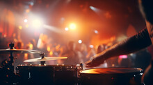 Drummer During A Live Concert Crowd Cheering Sticks Blurring In Motion.