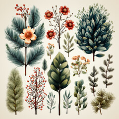 Wall Mural - Christmas set of plants with flowers, spruce branches, leaves and berries. AI generative