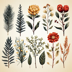 Wall Mural - Christmas set of plants with flowers, spruce branches, leaves and berries. AI generative