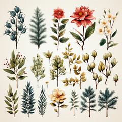 Wall Mural - Christmas set of plants with flowers, spruce branches, leaves and berries. AI generative