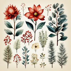 Wall Mural - Christmas set of plants with flowers, spruce branches, leaves and berries. AI generative