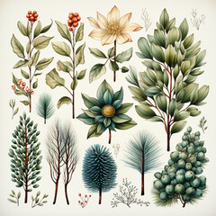 Wall Mural - Christmas set of plants with flowers, spruce branches, leaves and berries. AI generative