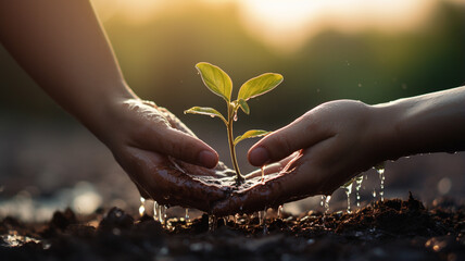 Wall Mural - hand holding young green plant on ground. environmental conservation concept