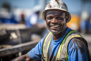 Sticker - Portrait of a smiling African American man wearing construction helmets and uniform against the background of a construction site