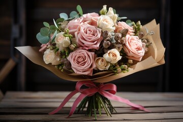 Wall Mural - Bouquet of roses in pastel colours tied with pink ribbon on wooden table in a flower shop