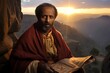 a priest from Tigray in Ethiopia, Africa, adorned in traditional ecclesiastical robes. He clutches an age-old scripture inscribed with Ge'ez script. Against the background of rugged terrain. generativ