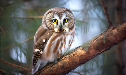 Tiny Saw-Whet Owl in its Natural Habitat: Tiny Predator with Huge Eyes - Forest Wildlife.