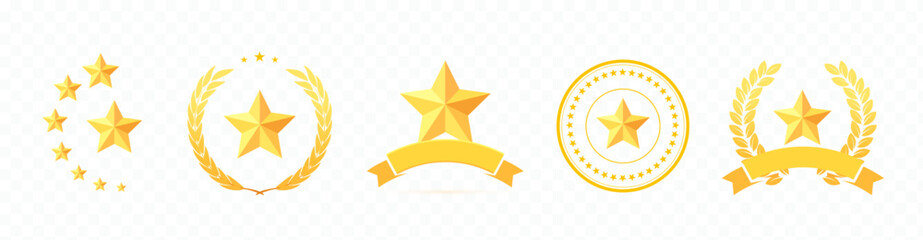 Wall Mural - Gold star logo set. Vector medals and badges with stars. Achievement icons. Winner Prize. Competition Trophy