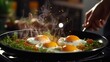 A person is cooking eggs in a pan with smoke coming out, AI