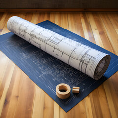 Construction blueprints of an architect are on the floor