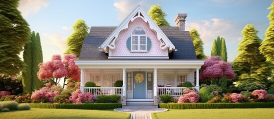 Canvas Print - A charming rustic residence featuring three dormer windows and beautiful greenery