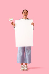 Sticker - Young woman with paint brush and blank poster on pink background