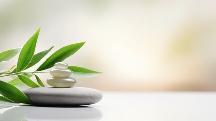 Canvas Print - Zen stone with green leaves on white background, AI