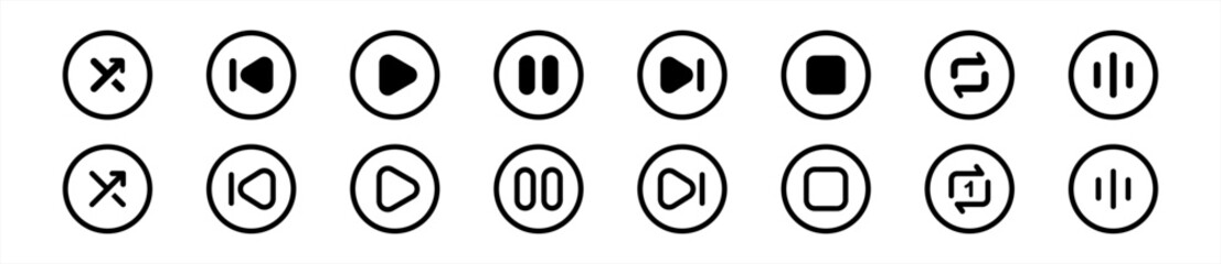 Poster - Media music player interface icon set in line style, Multimedia navigation symbol buttons. Video player, stream, Online broadcasting simple black sign for apps, UI, and website