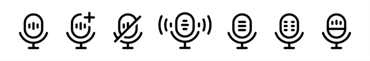 Poster - Modern Microphone icon set in line style. Retro microphone in flat style. podcast, voice, recording, speaker simple black symbol sign for apps, UI, and website, vector illustration