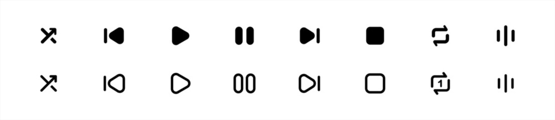 Poster - Media music player interface icon set in line style, Multimedia navigation symbol buttons. Video player, stream, Online broadcasting simple black sign for apps, UI, and website