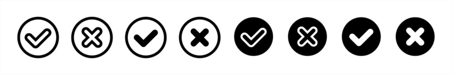 Poster - Checkmark or checkbox pictogram icon set in line style, Green and red check mark in flat style, Circle tick approved simple black symbol sign for apps, UI, and website, vector illustration