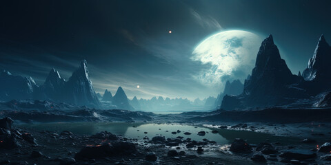 Wall Mural - Space Art: Alien Planet - A Fantasy Landscape with blue skies and clouds