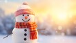 Winter holiday christmas concept background - Closeup of cute funny laughing snowman with orange hat and scarf, on snowy snow snowscape with bokeh, illuminated by the sun