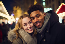 AI Generative Image Of Happy Adorable Diverse Couple Enjoying Christmas Eve On A Christmas Decorated City Street