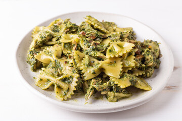 Wall Mural - Mackerel pasta with basil. Balanced Mediterranean dish rich in omega 3.