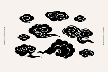 Wall Mural - Black clouds in Asian style on an isolated light background. Decorative clouds are traditional in Tibetan or Chinese art.