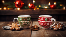 Two Cups Of Coffee In Christmas Sweaters And Cookies Nearby.Generative AI