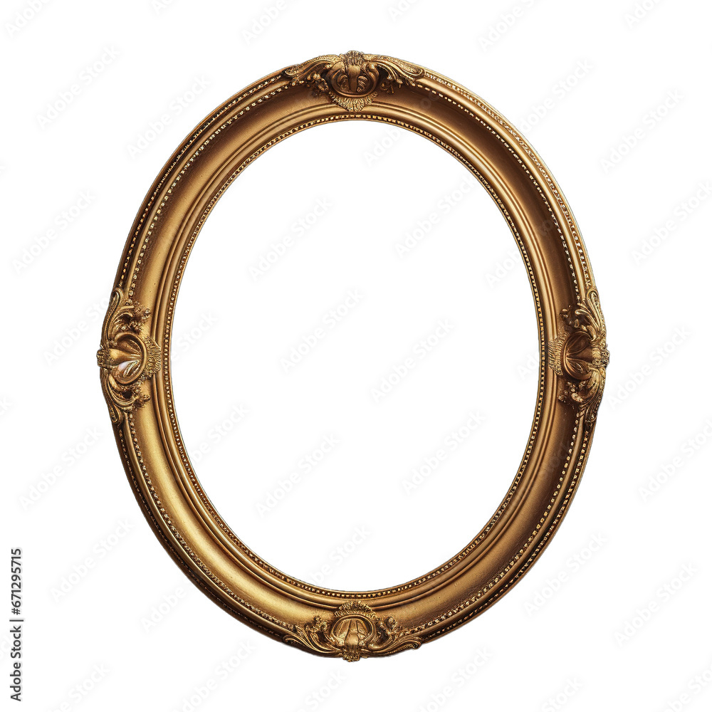 Antique round oval gold picture mirror frame isolated on transparent white background, png, cutout
