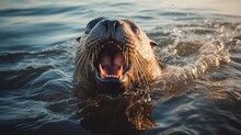 Seals Are Opening Their Mouths To Catch Fish In The Sea, Seals And The Sea