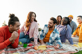 Fototapeta  - Smiling attractive multiracial friends wearing colorful clothing relaxing, sitting on blanket in park, talking, laughing. Diversity, friendship, picnic concept 