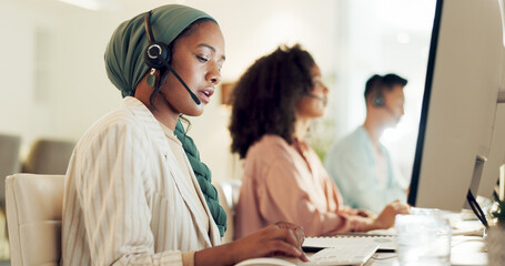 Poster - Telemarketing, black woman and contact us worker on a consultation at call center with computer. Consultant, employee and discussion of office and agency communication with customer support on web